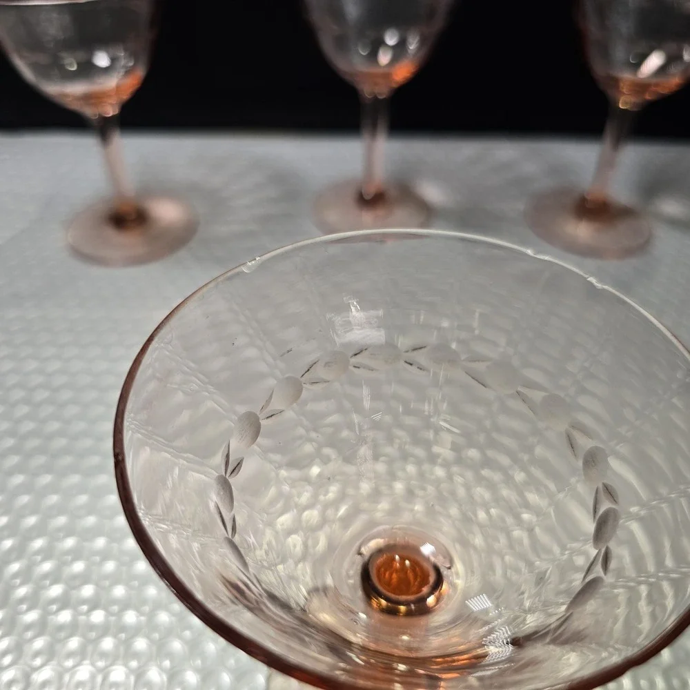 Vintage Pink Depression Glass Champagne Coupes Set Of 5 Etched Design
